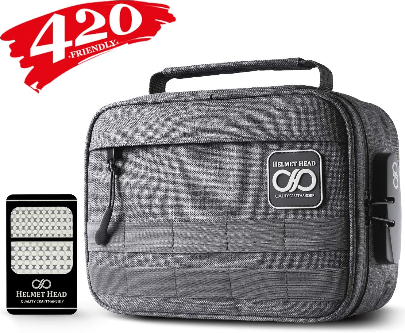 Smell Proof Case + Grinder Card by HELMET HEAD | Durable Water Repellent Smell Proof Container with Combination Lock for your Herbs & Smelly Accessories: Pipe, Vape, Rolling Papers (Gray)