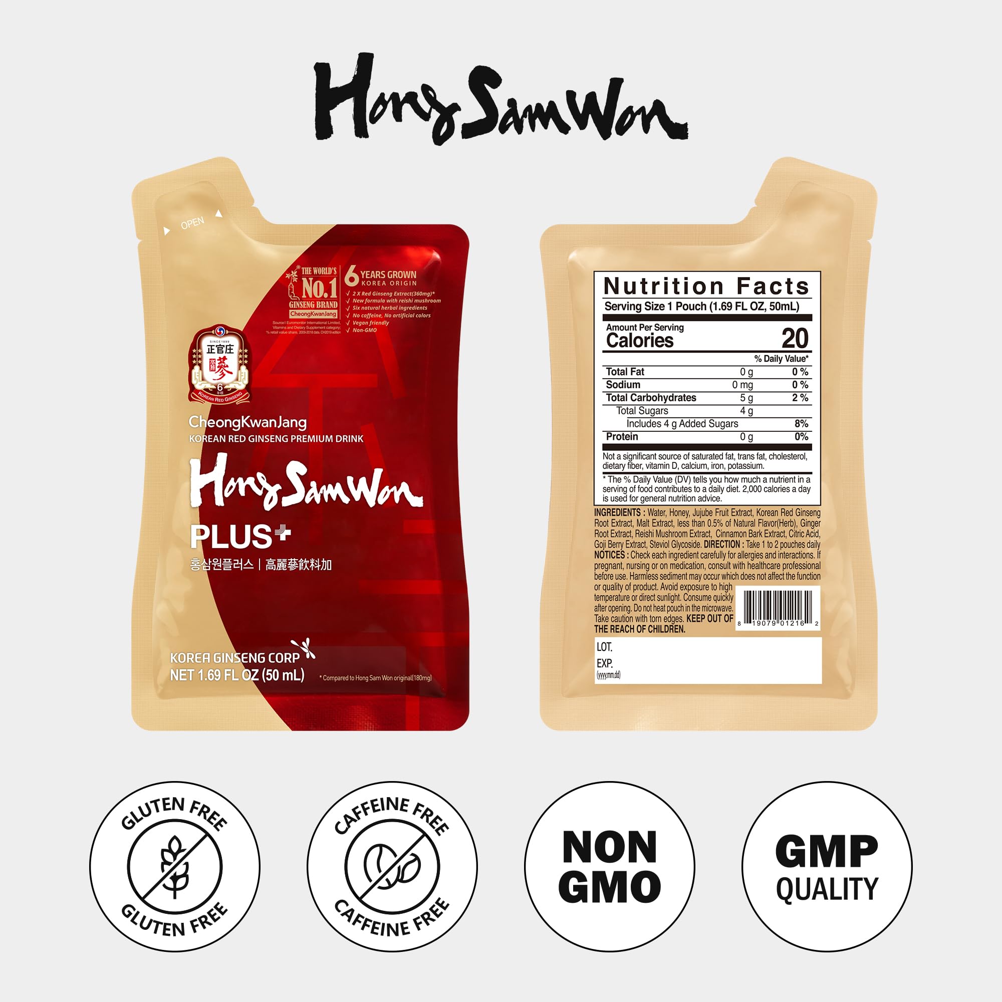 JungKwanJang Hong Sam Won Korean Red Ginseng Drink, Herbal Tea Vegan Friendly (30 Pouches)