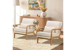 MALOL Mid-Century Accent Chair Set of 2 with Solid Wood Frame, Reading Relaxing Armchair Lumbar Pillow& Soft Cushion, Leisure Chair for Living Room, Bedroom, Waiting Room-Beige