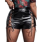 WDIRARA Women's Plus Size High Waist Lace Up Tie Side PU Leather Club Shorts