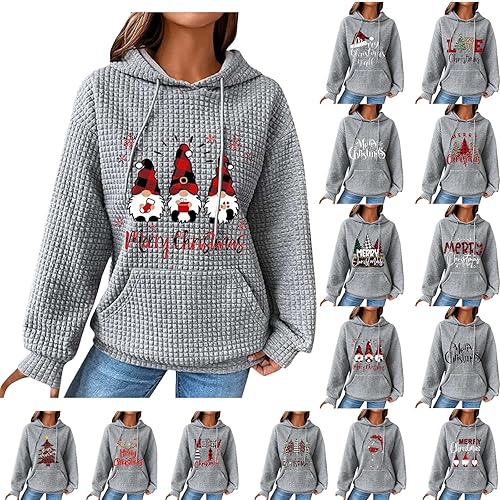 Gezqieunk Womens Christmas Jumpers Womens Christmas Jumpers Xmas Printed Waffle Hoodies Fall Long Sleeve Crewneck Sweatshirts Casual Loose Sweaters Soft Comfy Pullover with Pocket Grey S