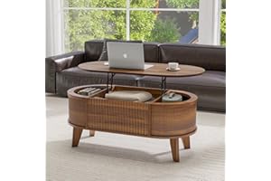 LYNCOHOME Fluted Lift Top Coffee Table with Hidden Compartment, Modern Oval Coffee Table for Living Room, Home Office, Walnut