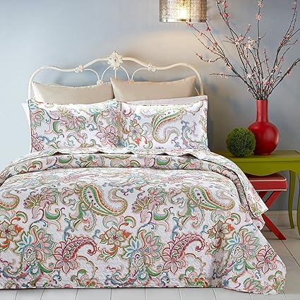Skipper Furnishings Quilted and Reversible Microfibre Double Bed Spread and 2 Pillow Covers - Paisley, Multicolour