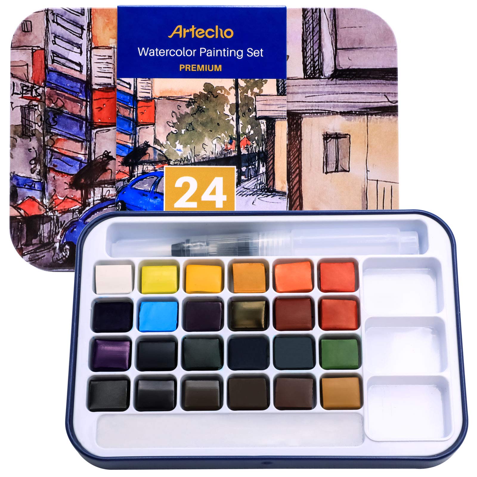 Artecho Watercolour Paint Set, 24 Colors, Watertbrush Pen Included, Lightweight and Portable,Watercolour Paints for Artists and Beginners