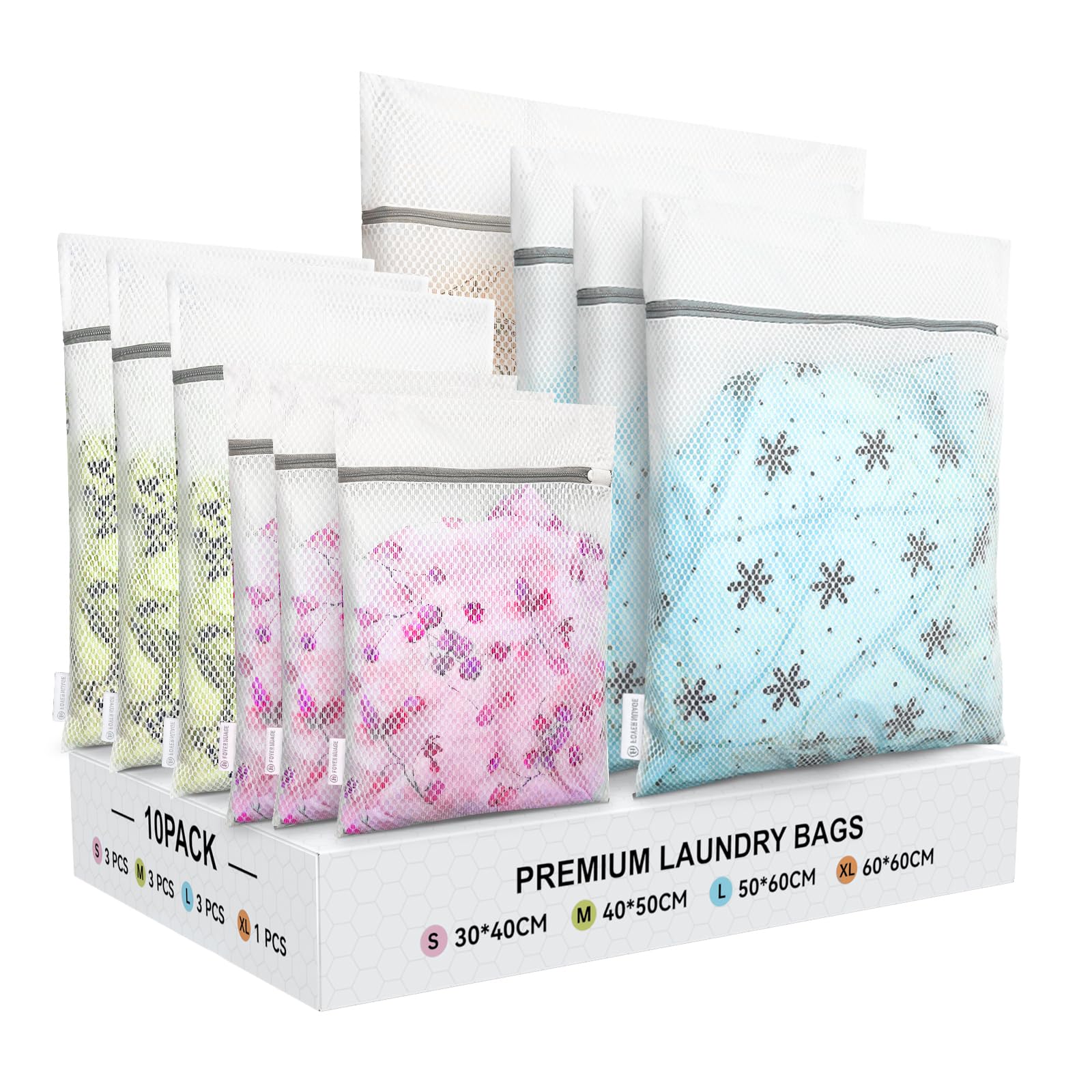 10 PCS Mesh Laundry Bags for Delicates with Zipper, Laundry Bags for Washing Machine, Travel Storage Bags, Wash Bags for Underwear, Tshirts, Jacket, Coat, Blanket, Quilt (3S+3M+3L+1XL, White)