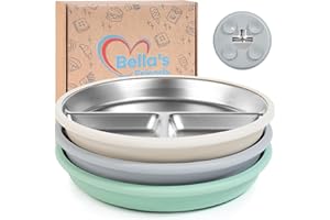 BELLA'S FRIENDS Bella’s Friends Stainless Steel Baby Plates with Suction 3 Pack, 8” Divided Toddler Plates with Removable Silicone Sleeves for Mess-Free Feeding, Non-Toxic, Non-Slip, Dishwasher Safe, beige,gray,green