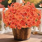 12 Bundles Artificial Fake Fall Flowers Faux Plants for Outdoor Outside Faux Silk Morning Glory UV Resistant Look Real Autumn Fake Outdoor Flowers for Front Door Porch Window Box, Orange
