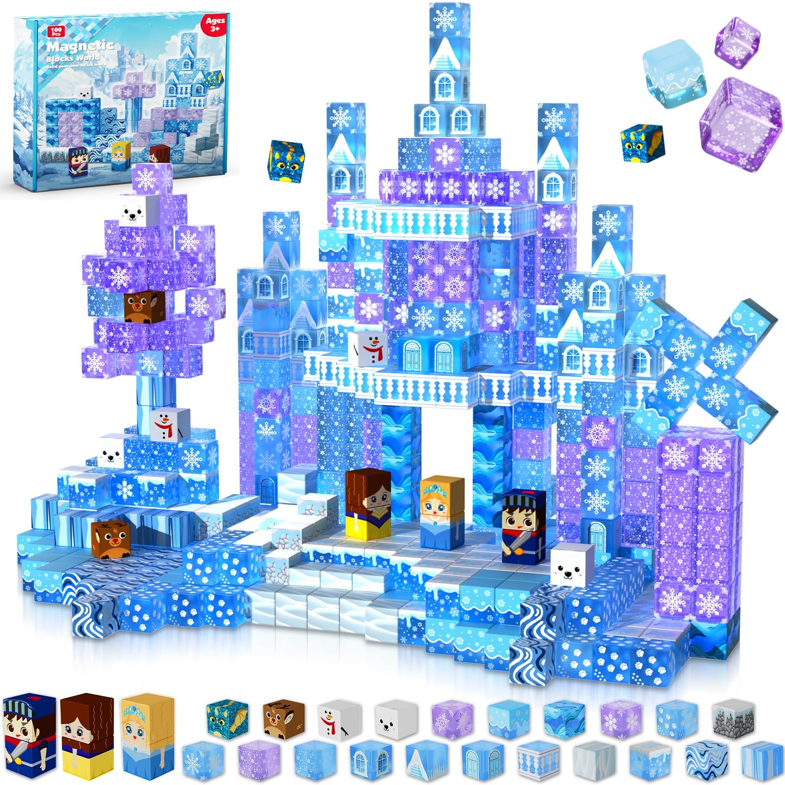 Magnetic Blocks - 100Pcs 0.8in Magnetic Building Block for Kids Ages 4-8, Transparent Magnet Block Blue Princess Castle, Magnet Cubes Tiles Princess Toy for Girl 3 4 5 6 7 8-12 Easter Birthday Gift Image