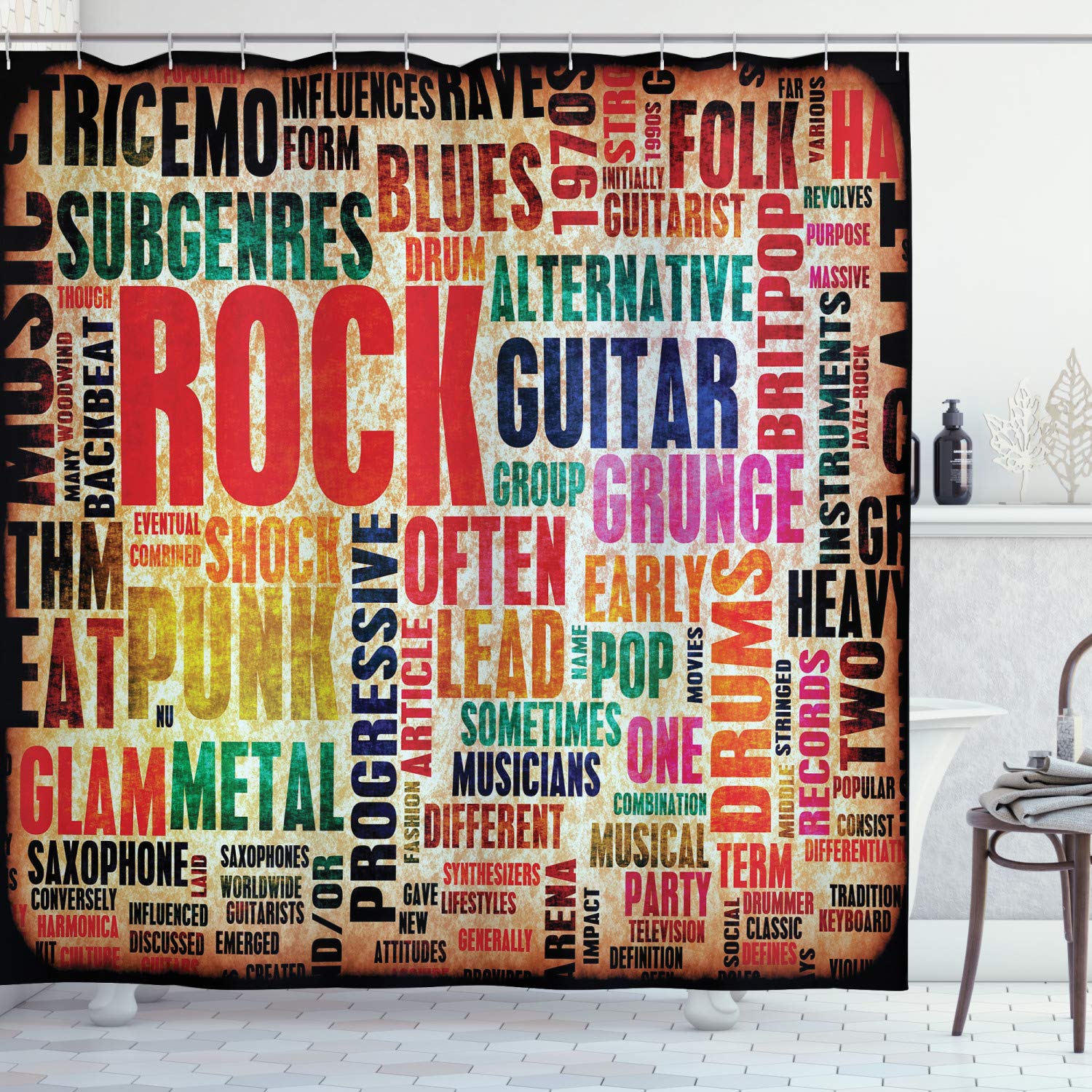 ABAKUHAUS Music Shower Curtain, Retro Rock Roll Lettering Grunge Distressed Colors Back then Sound Music Theme, Cloth Fabric Bathroom Decor Set with Hooks, 86 Inches Extra Long, Multicolor