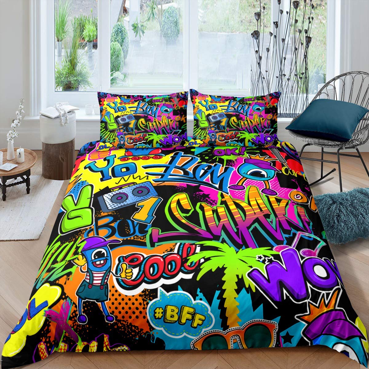 Hippie Graffiti Bedding Set for Kids Boys Child Teens Duvet Cover Modern Bedclothes Wall Urban Street Art Bedspread Cover Personalized Cartoon Doodle Colorful Decor 3Pcs Double Size — image 1