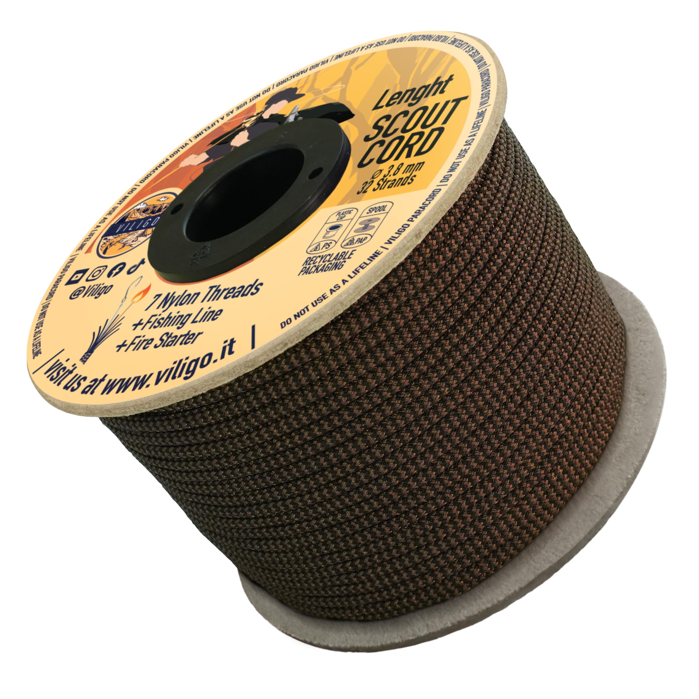 VILIGO Scout Cord - Nylon Braid (3.8mm) - Made of 7 Nylon Strands, 1 Line and 1 Jute String - Survival Rope for Camping and Outdoor Activities (15m, Earthquake)