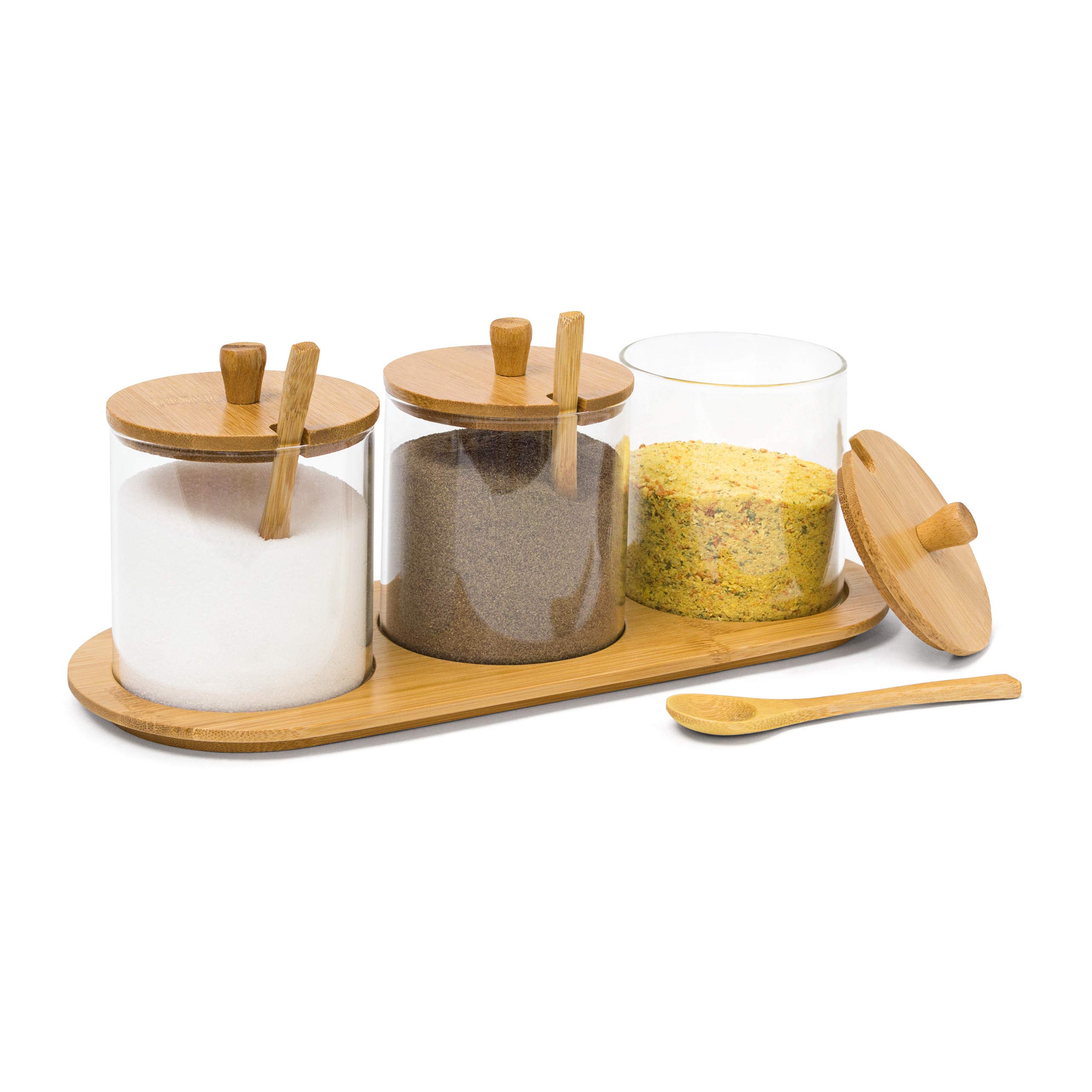 Relaxdays JIAO Bamboo Spice Preserving Glass Jar Set 12 x 31 x 12 cm Spice Holder of 3 Glass Containers with Spoons as Alternative to Spice Rack, Kitchen Storage, Natural