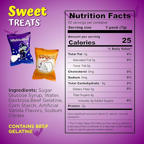 50 PACK ASSORTED HALLOWEENS MINI MARSHMALLOWS INDIVIDUALLY WRAPPED, WITCHMALLOW & SPOOK POOF, VANILLA FLAVORED, HALLOWEENS THEMED SNACKS BULK, KIDS FUN HALLOWEEN CANDY BULK FOR TRICK OR TREAT