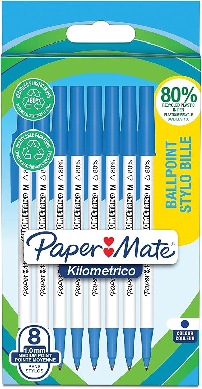 Paper Mate Kilometrico Ballpoint Pens 1.0mm Blue 8 Count 80% Recycled