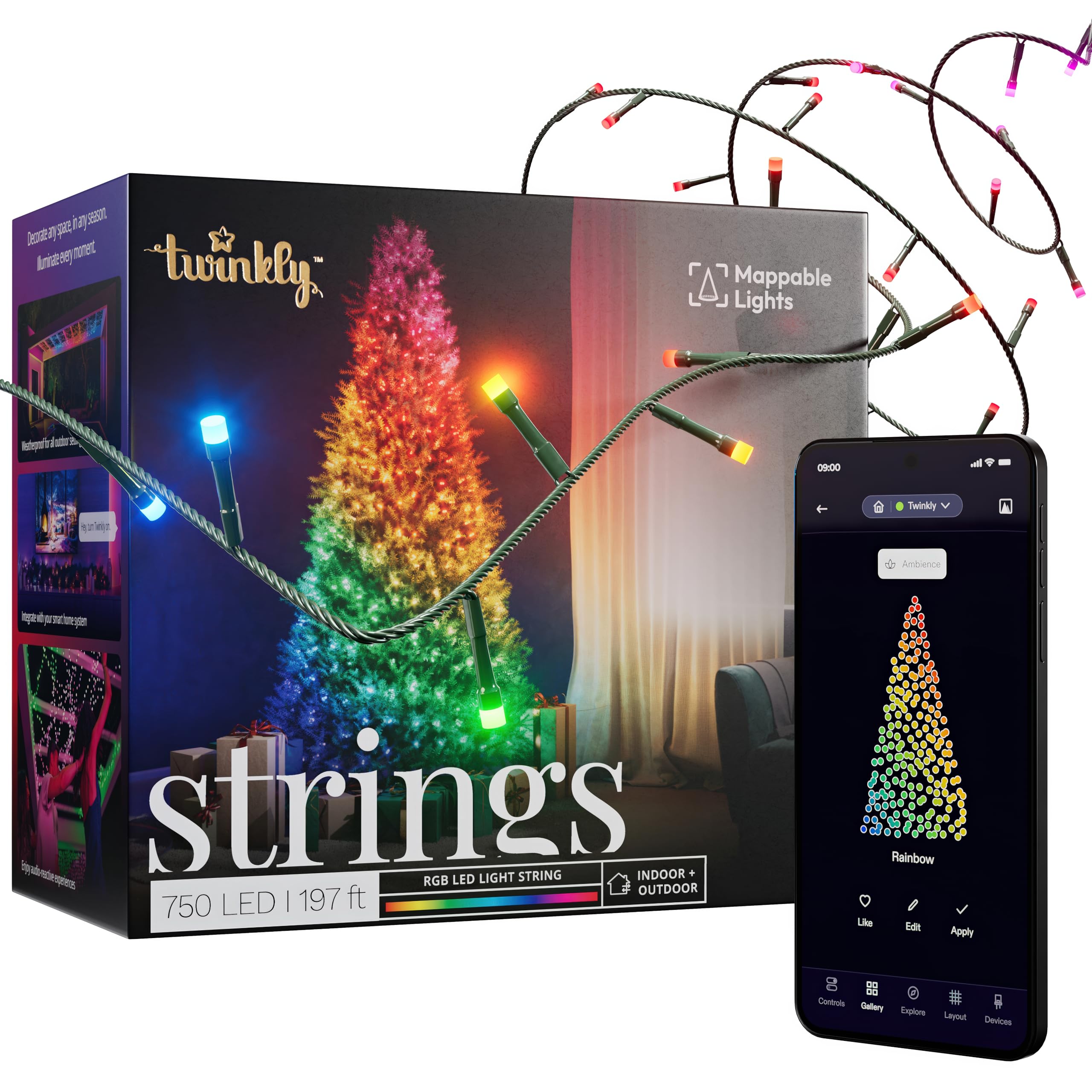 Twinkly Strings 750 RGB-LEDs, LED-Leuchten für den Außen- und Innenbereich, Smarte LED-Lichter, Kompatibel mit Alexa und Google Home, IP44, Weihnachtsdeko, App-Steuerung, Schwarzes Kabel, 60 m