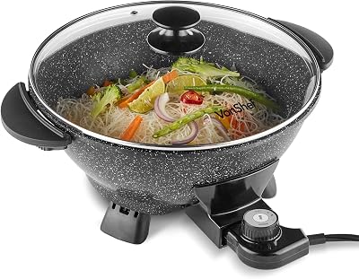 VonShef Electric Wok 5L Non-Stick Pan 1400W 230°C Lid Cool Touch