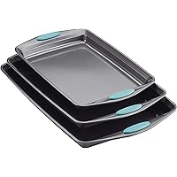 Bakeware Nonstick Cookie Pan Set, 3-Piece, Gray with Agave Blue Grips