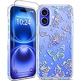 Coolwee for iPhone 16 Plus Case with Screen Protector, Cute for Women Girls, 10FT Military Grade Protective Cover for iPhone 16 Plus Phone Case Sparkle Crystal Butterfly Bling, Clear Glitter