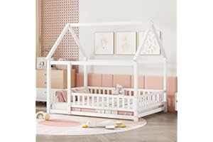 Bellemave Full Size House Floor Bed,Wooden Montessori Bed with Fence and Roof for Kids,Playhouse Full Bed Frame for Girls,Boys(Full,White)