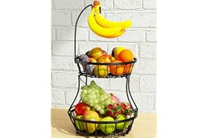 SAYZH 2-Tier Fruit Basket Bowl Stackable Vegetable Storage with Banana Tree Hanger Stand for Kitchen Countertop, Metal Wire Basket for Bread Onions Potatoes Black