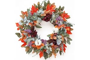 SOOMEIR Fall Wreaths for Front Door, Autumn Thanksgiving Wreath with Purple and Green Leaves, Pumpkin Door Wreath for Farmhouse Holiday Indoor Outdoor Outside Decor Halloween