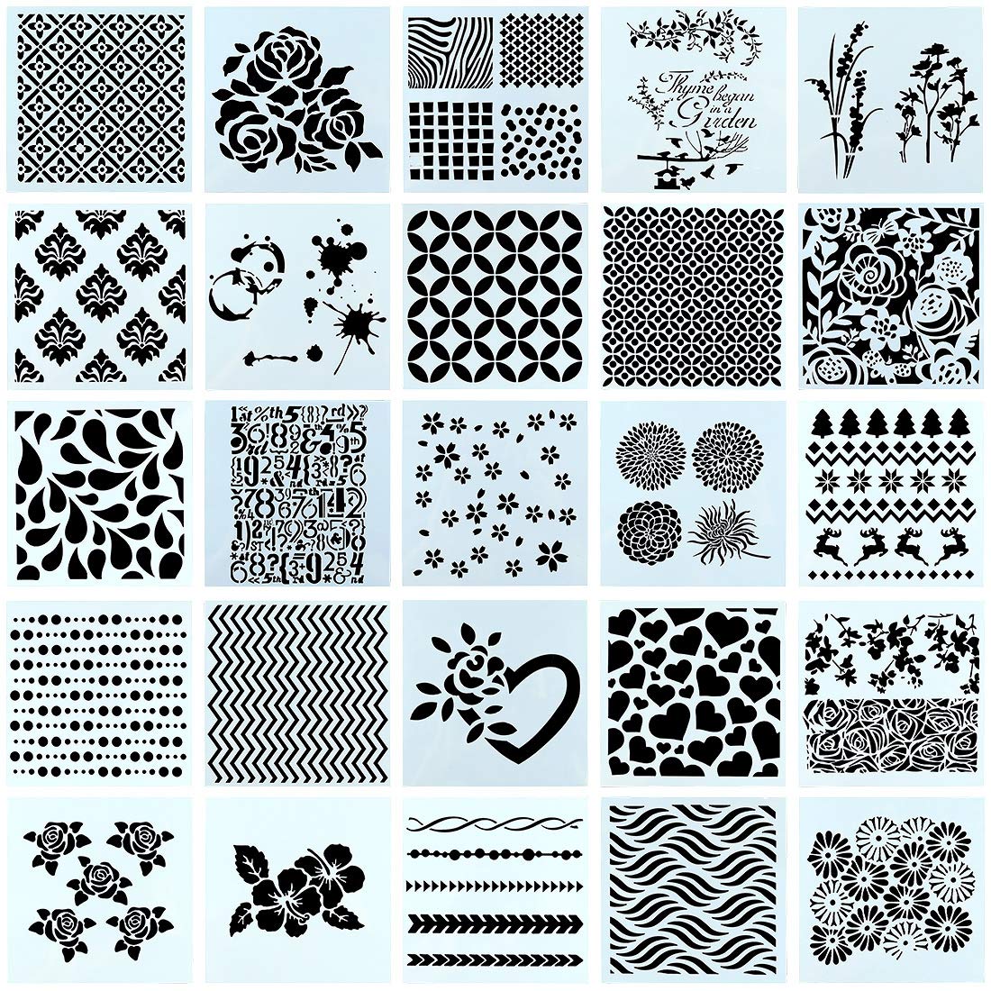 Swpeet 25Pcs Mixed Pattern Hollow Out Painting Stencils Kit, Plastic Planner Stencils Square Shape Journal Stencil for Bullet Journal Painting Craft/Journal/Notebook/Diary/Scrapbook DIY
