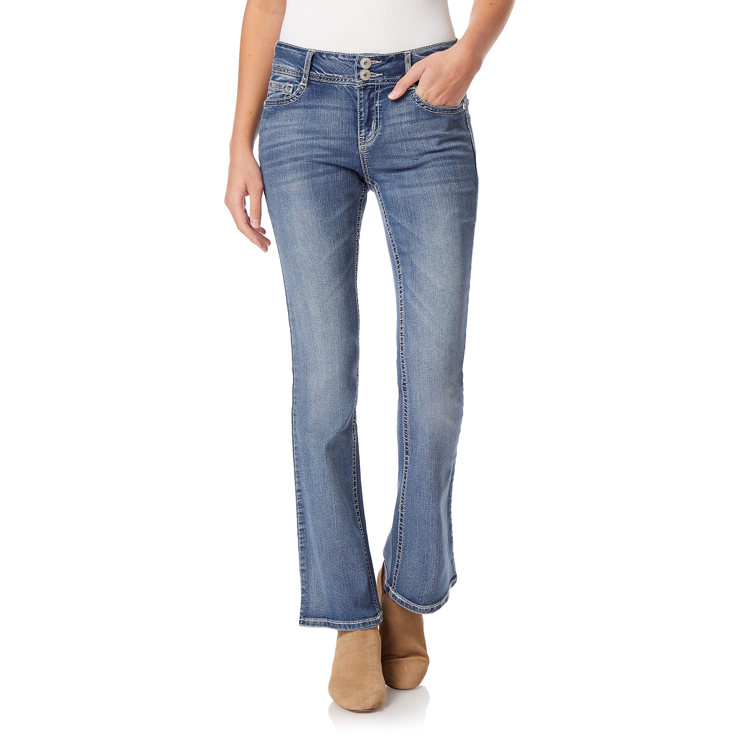 WallFlower Women's Luscious Curvy Bootcut Mid-Rise Bling Insta Stretch Juniors Jeans (Standard and Plus), Galaxy Legacy, 7 Image