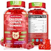 sudrolove Calcium Citrate Gummies 1200mg per Serving, 120 Count | D3+K2 / Magnesium Zinc / Vit C+Copper / Sugar-Free / Raspberry / High Absorption / Bone &amp; Teeth / Gentle on Stomach / Vegan