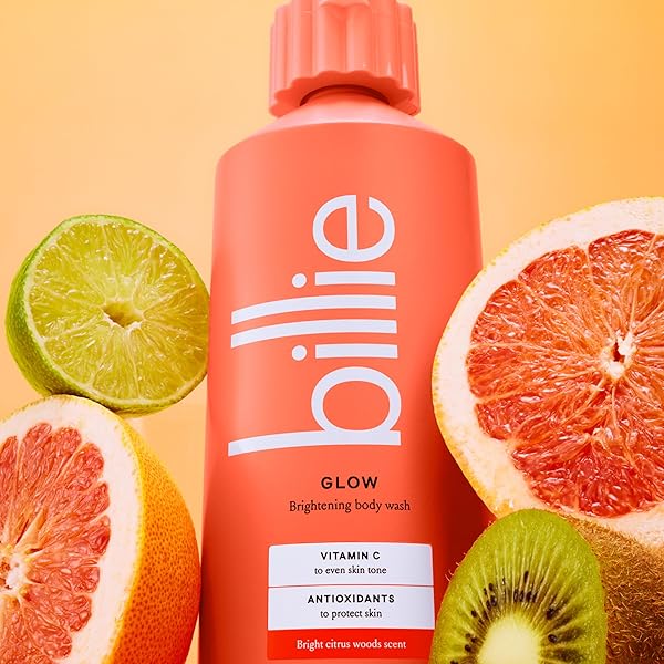 BILLIE GLOW BRIGHTENING WOMENS BODY WASH, 18 FL OZ, BRIGHT CITRUS WOODS SCENT, VEGAN, CRUELTY FREE