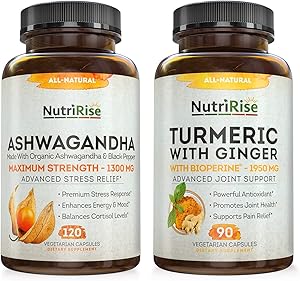 Ashwagandha + Turmeric with Ginger Maximum Strength to Support Stress, Anxiety, Joints & Hormonal Balance - Gluten-Free Adaptogenic Supplement for Mood Relief & Sleeping Aid for Women, Men & Adults
