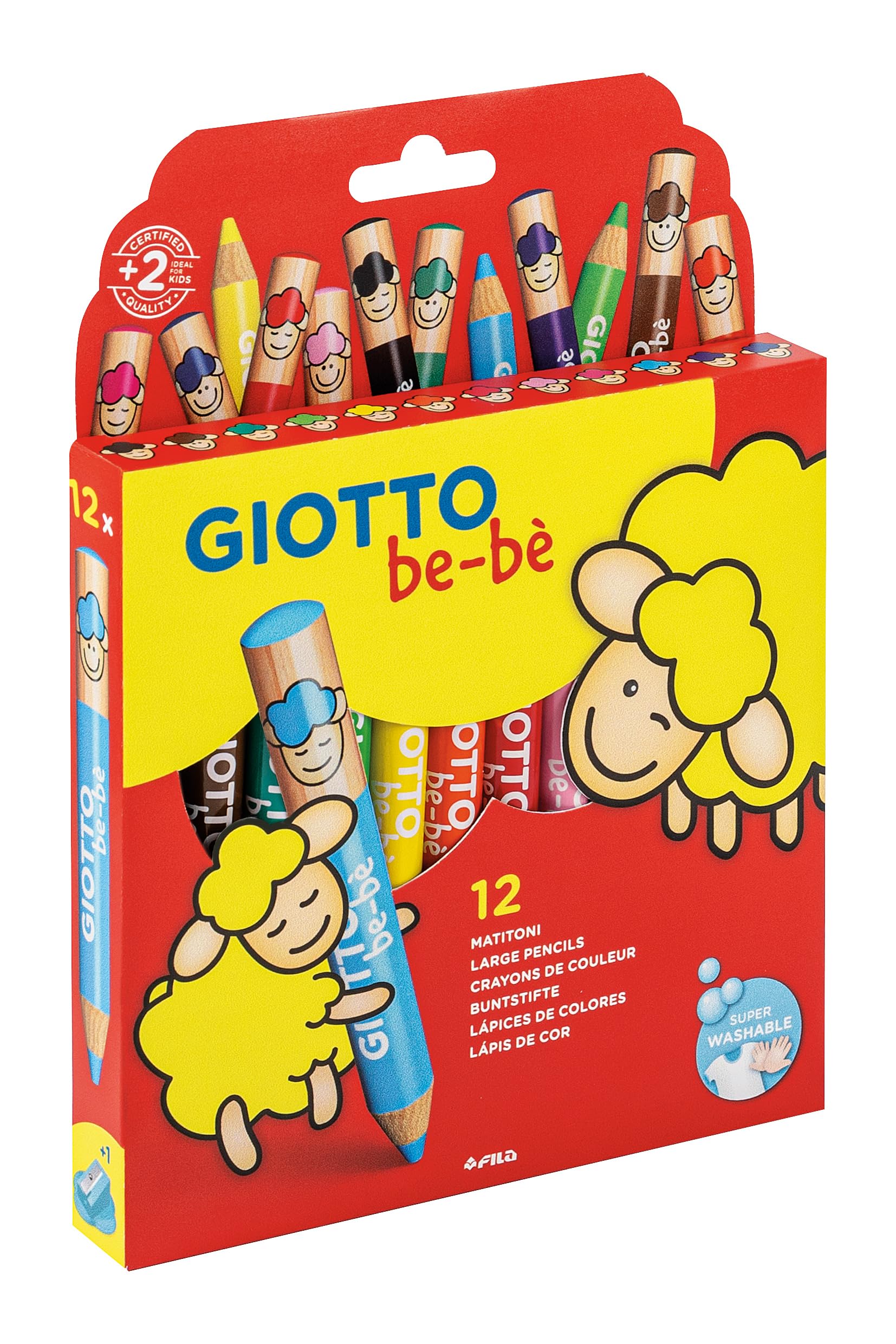 GIOTTO be-bè Large Colouring Pencils Set, 12 Assorted Colours, Pencil Sharpener Included, Super Washable, Suitable for Ages 2+, For Children