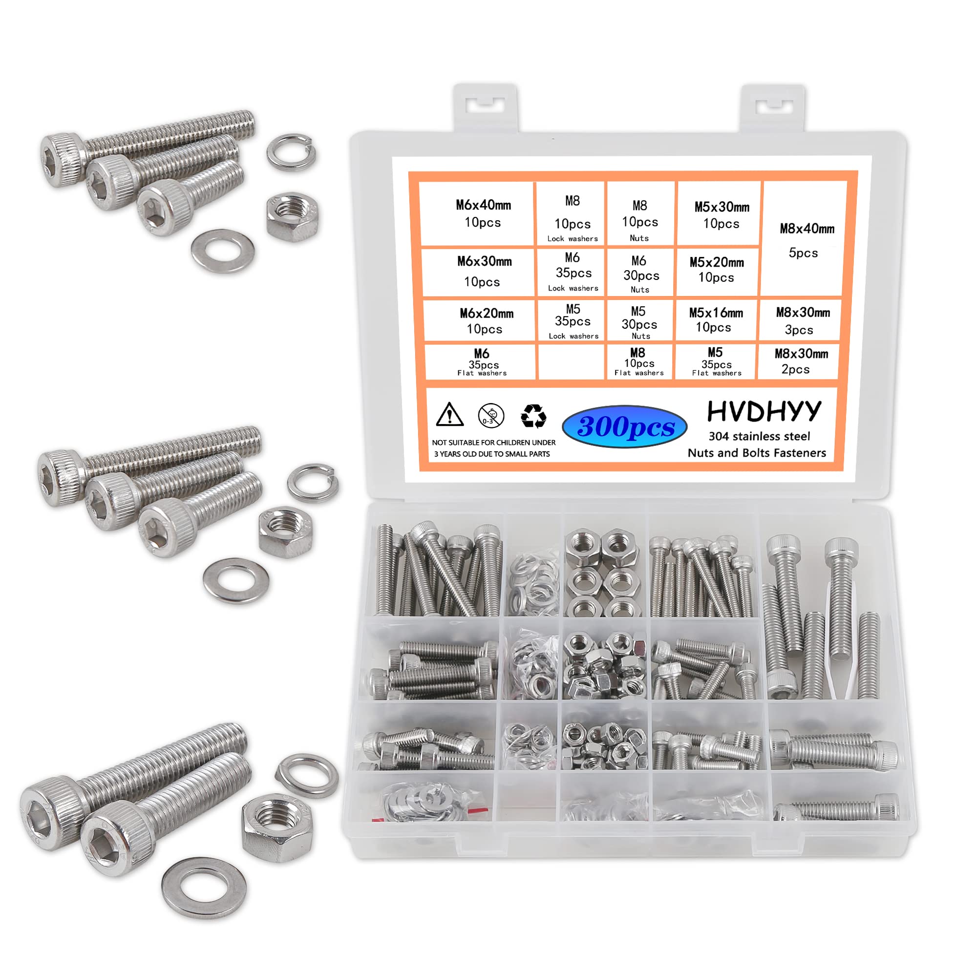 HVDHYY M5 M6 M8 Nut and Bolt set Machine Screws & Nuts Assortment kit 304 Stainless Steel Hex Socket Button with a Reusable Storage Box (300pcs)