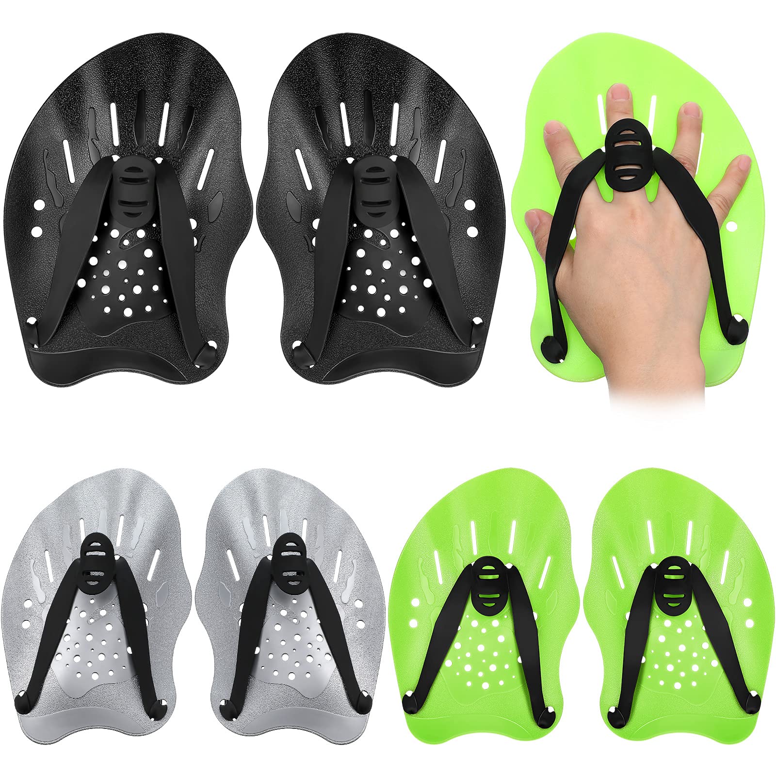 SKYLETY 3 Pairs Swim Paddle Hand, Swim Training Paddle Adjustable Diving Training Hand Fin Flipper Flat Paddle Swimming Training Aid for Men Women Children (Green, Gray, Black)