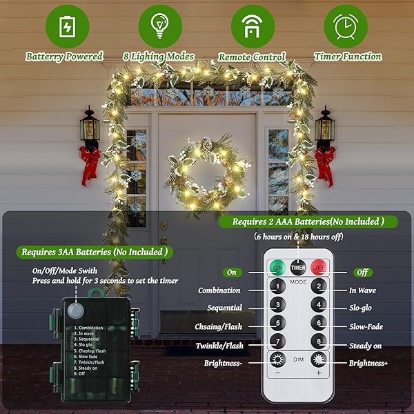 CEENNA 8 PACK 6 FT PRELIT CHRISTMAS GARLAND WITH GLOBE LIGHTS BATTERY OPERATED WITH TIMER REMOTE ARTIFICIAL LIGHTED HOLLY LEAVES GARLAND WITH PINE CONES BERRIES FOR MANTLE INDOOR OUTDOOR (WHITE)