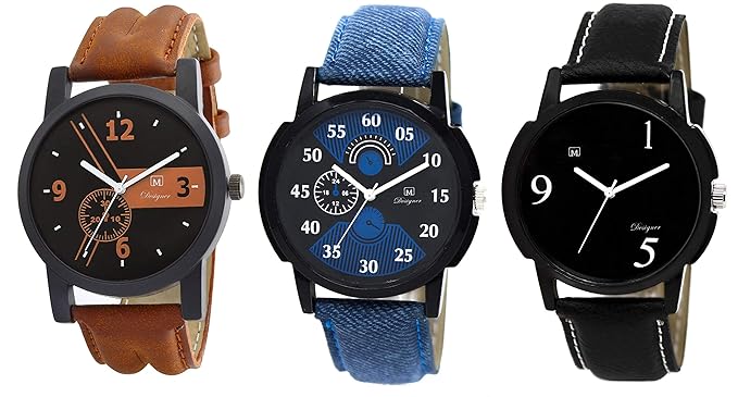 Om Designer Analogue Black Dial Mens & Boys Watch Leather Strap Combo Pack of 3