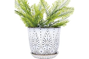 VanEnjoy 5.9 inch Round Bohemian Style Ceramic Planter, Geometry Engrave Off White Brown Succulent Planter Flower Pot, Indoor Outdoor Decorative Planter