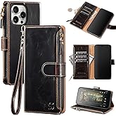 Shieldtop Compatible with iPhone 16 Pro Wallet Case with Card Holder,Women Men RFID Blocking PU Leather Flip Cover Wrist Strap Zipper Credit Card Slots,Phone Case for Apple 16 Pro 6.3",Coffee