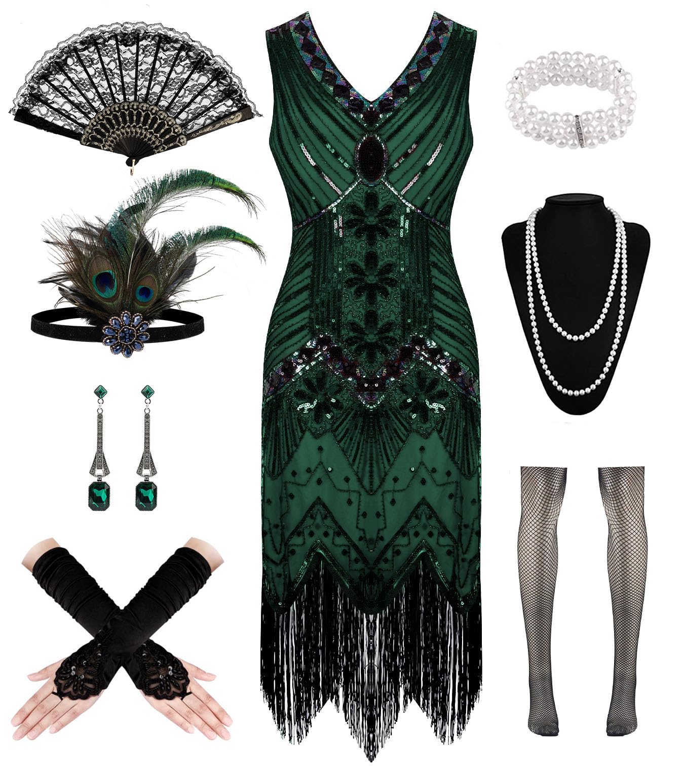WILDPARTY 1920s Dresses for Women, Flapper Dress Lace Fan Fether Headband Sequins Beads Fringes 20s Accessories Vintage Mafia Costume DarkGreen M