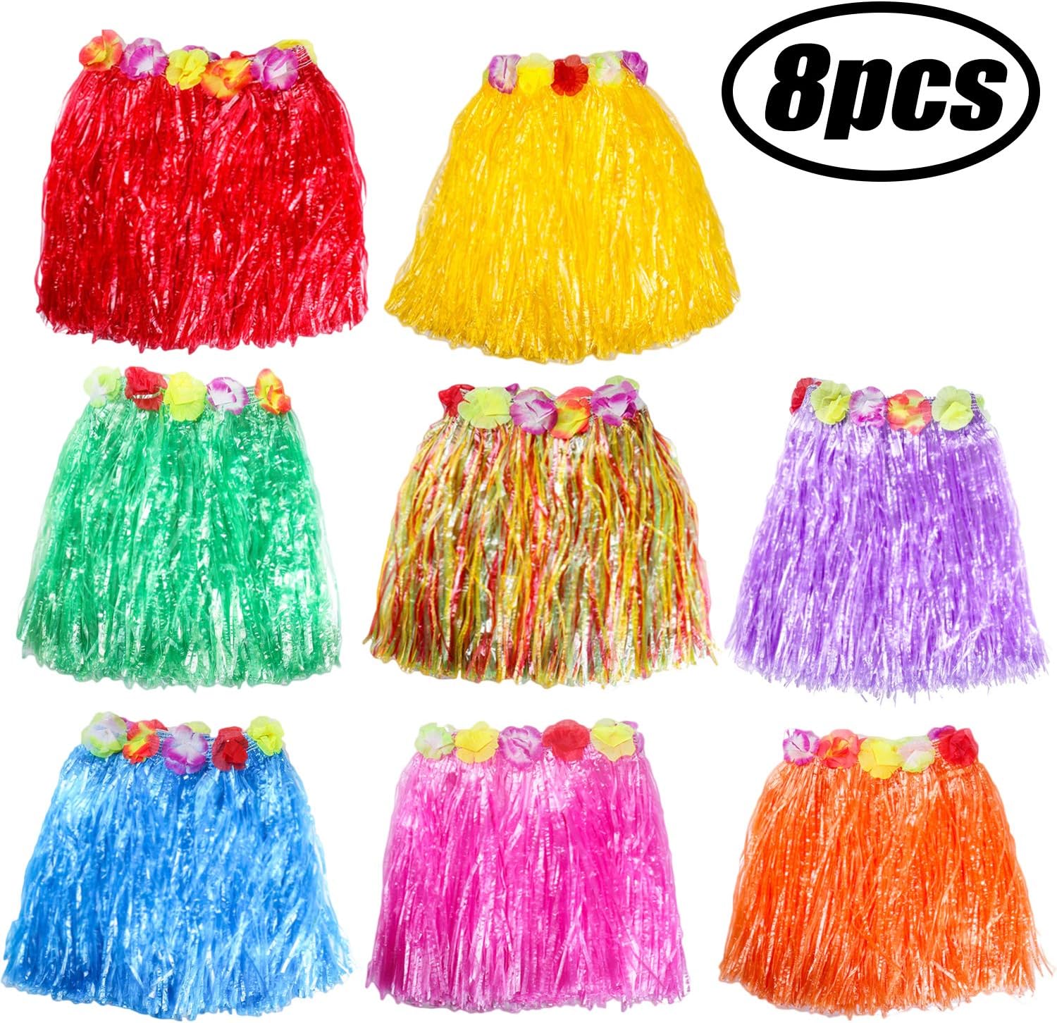 Hawaiian Luau Hula Skirts - Elastic Grass Hibiscus Flowers Birthday Tropical Party Decorations Favors Supplies for kids 8 PCS