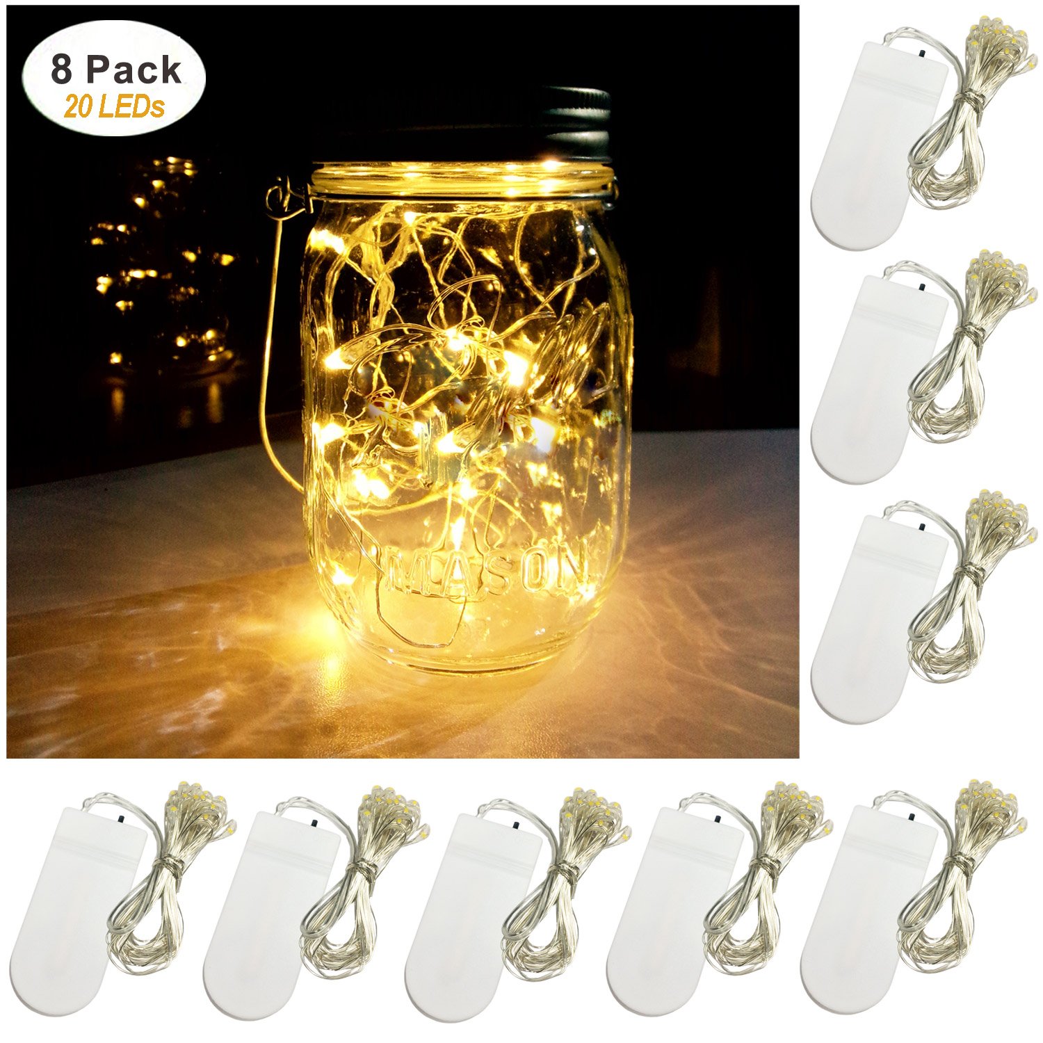 Yitee Battery Powered Mason Jar Lantern Lights,8 Pack Warm White 20 Led