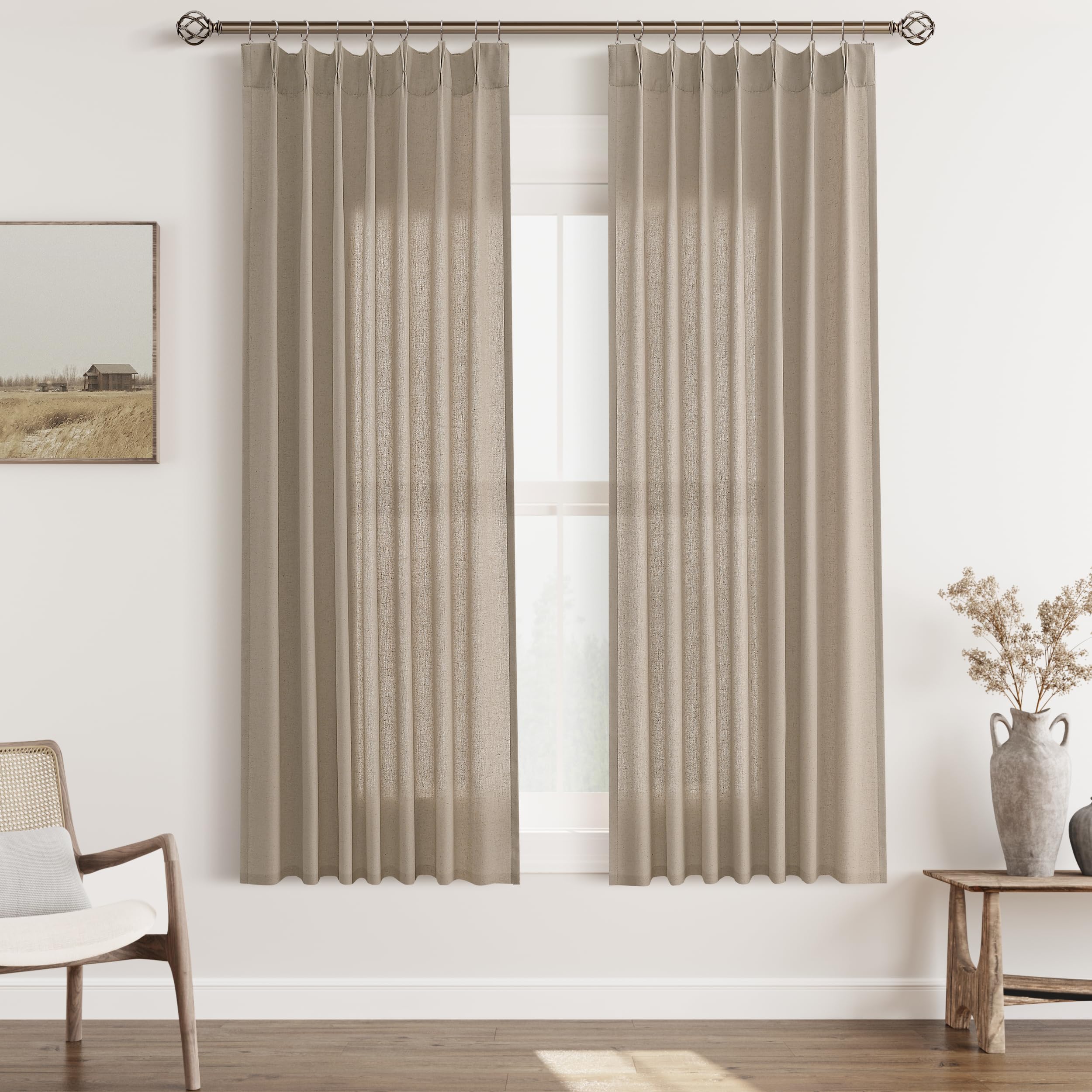 Aersas Light Taupe Pinch Pleat Linen Curtains 63 Inch Length 2 Panels Set for Bedroom Dinging Room Semi Sheer Boho Farmhouse Neutral Window Curtains 63 Inches Long for Living Room Nursery 40x63 Image