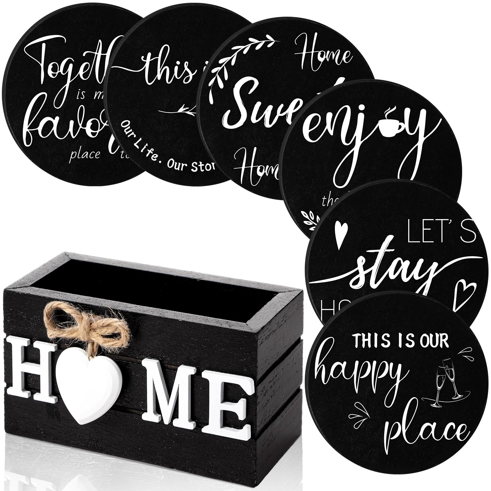 Queekay Coasters Set of 6 House Warming Gifts New Home Wooden Farmhouse Drink Coasters with Holder 4'' Funny Decoration for Kitchen Family Coffee Bar Tabletop Protection(Black)