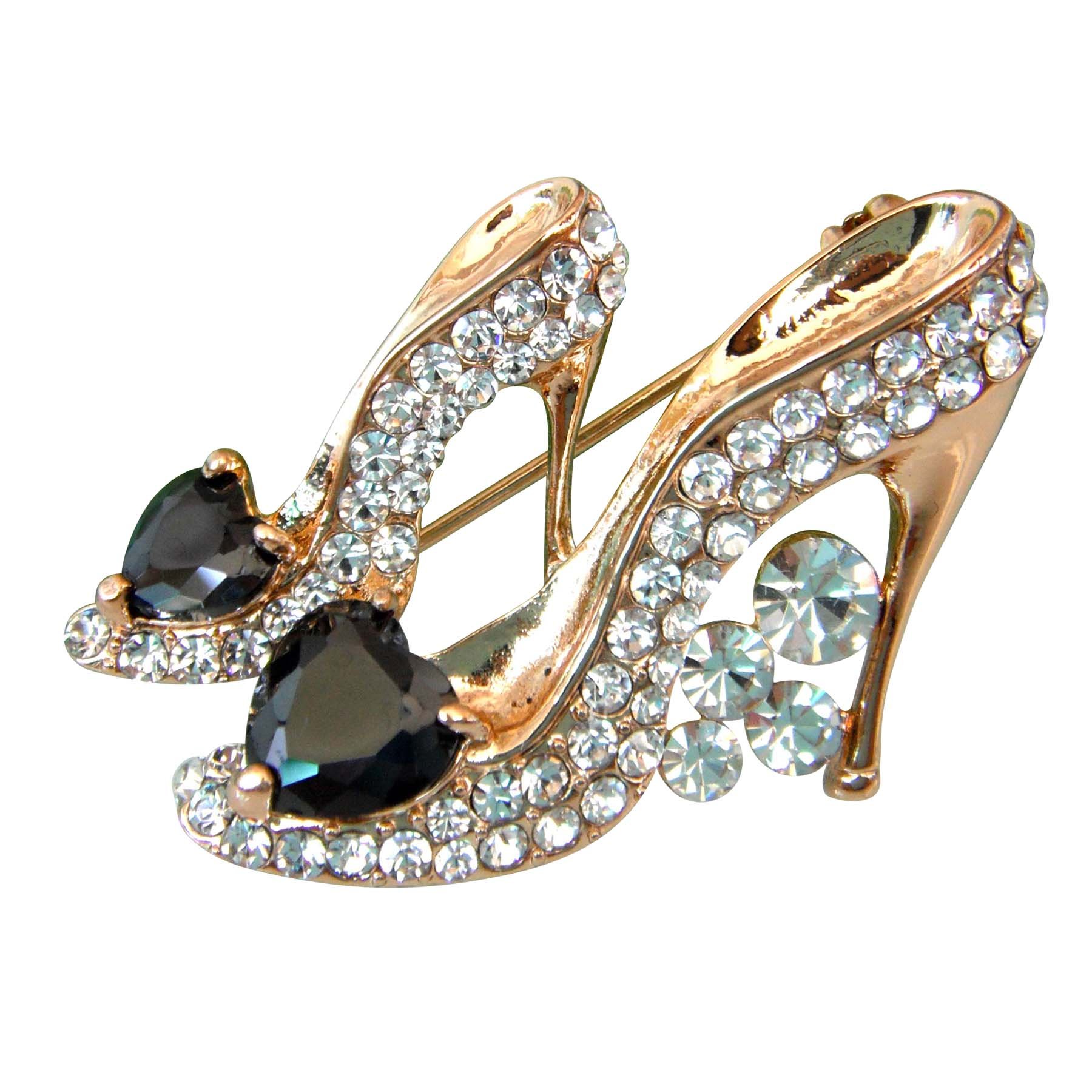 Navachi 18k Gold Plated Cubic Zicon Austrian Crystal Shoes Brooch Pins (Black)