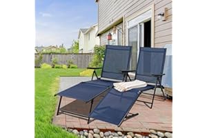 Relyblo Foldable Chaise Chair Set of 2, Pool Sun Tanning, Outdoor Lounge w/4-Position Reclining Back, Breathable Mesh & Bungee Seat for Beach, Yard, Patio, Blue