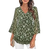 Timeson Women's 3/4 Sleeve Floral Blouses Shirts Double Layers V Neck Dressy Tunics Tops