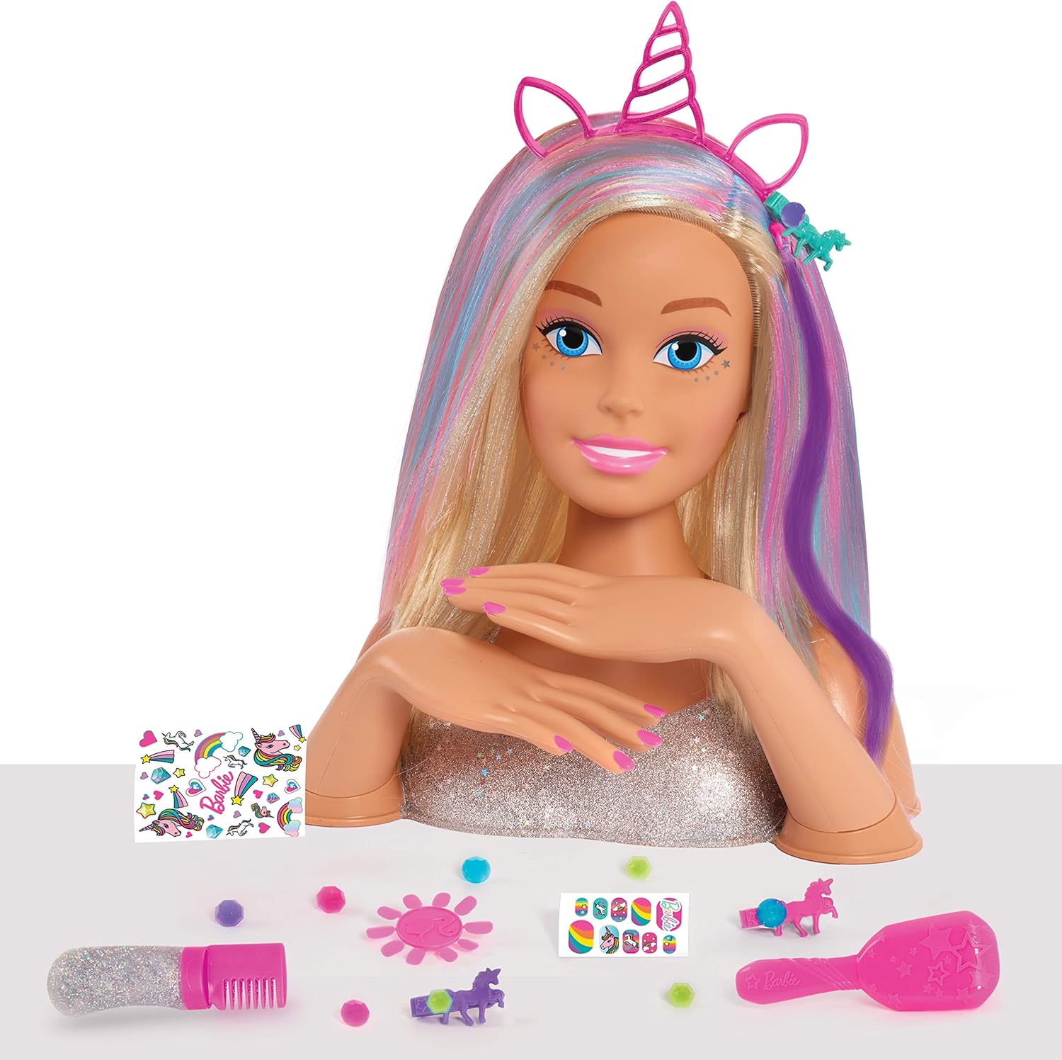 Barbie Deluxe 20-Piece Glitter and Go Styling Head, Blonde Hair and Unicorn Headband: Toys & Games