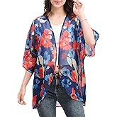Women's Floral Print Puff Sleeve Kimono Cardigan Loose Cover Up Casual Blouse Tops