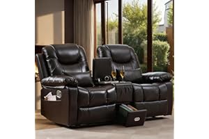 ZRNINR Manual Loveseat Recliner Sofa with Center Console, Home Theater Seating Seats, Dual Movie RV Reclining Sofa Couch with Lumbar Pillows and Cup Holders(Brown, PU Leather)