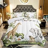 QOOMO Elephant Giraffe Monkeys Comforter Twin Size,Wild Animals Kids Comforter Set,3Pcs Bedding Set Printed Comforter with 2 Pillowcases,Down Alternative,Soft and Lightweight,for All Seasons