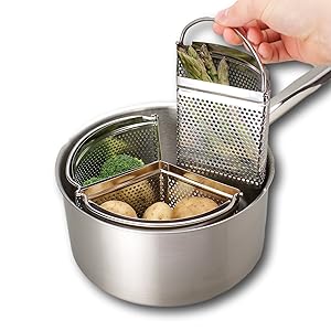 Saucepan Triple Divider And Separator Set - Saves Energy and Space When Cooking. Three Part Professional 18cm Stainless Steel Strainer, Ideal For Vegetables, Potatoes, Mussels, Boiled Eggs And More.